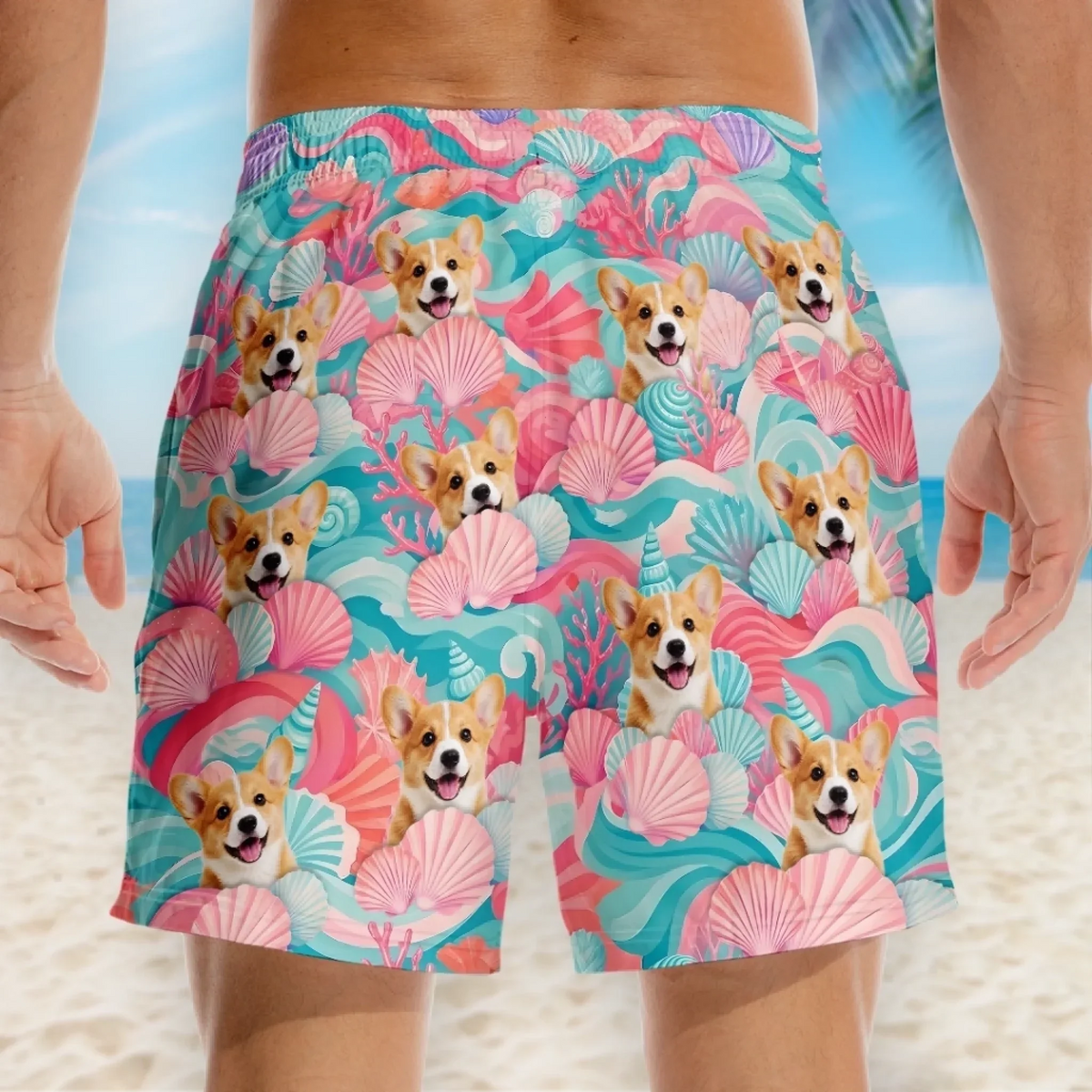 Custom Photo Beach Shorts - Personalized Summer Vacation And Travel Gifts For Dog Cat Lovers, Dog Dad And Mom, Cat Owners - Minty Waves, Happy Paws
