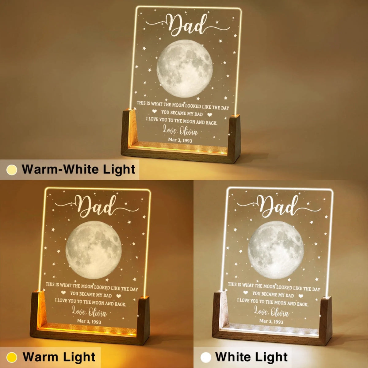 Custom Plaque With Walnut Base - Personalized Moon Phase LED Sign with Name & Date for Father