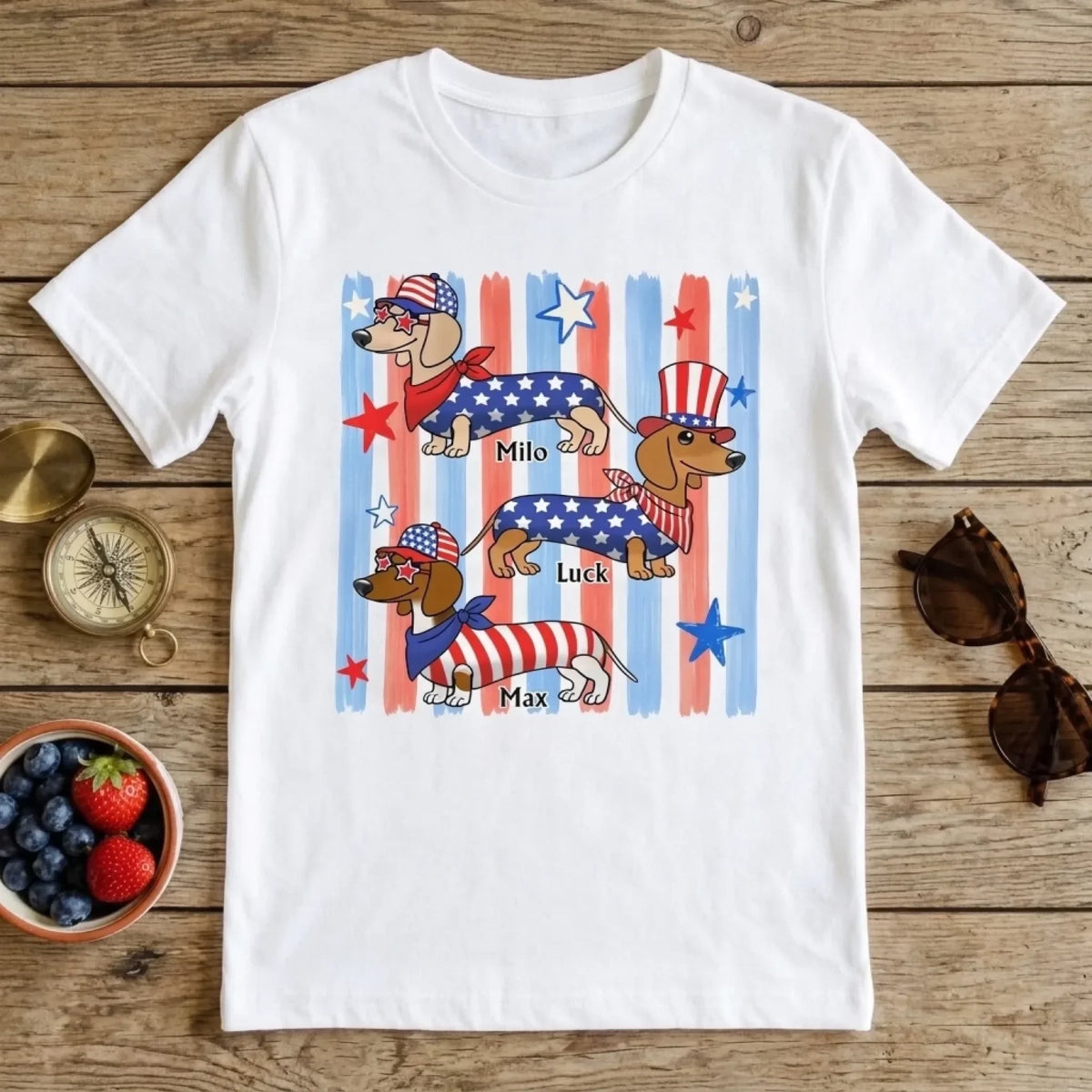 Custom T-Shirt-Personalized 4th Of July Gift-Striped Patriotic Dachshund