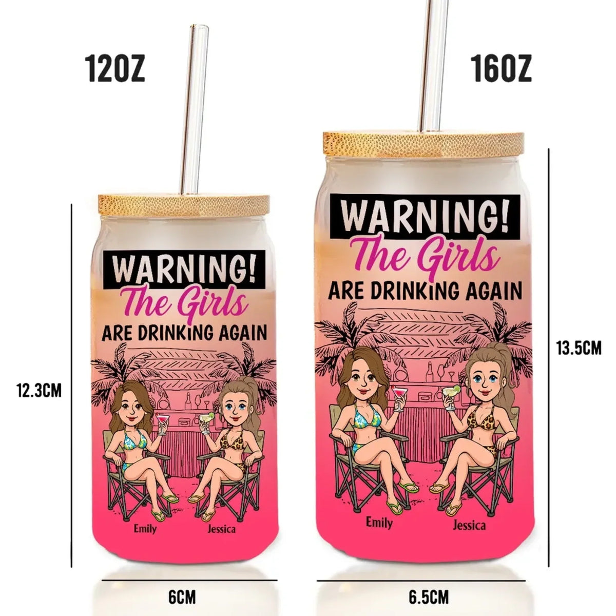 Custom Ombre Frosted Glass Can - Personalized BFF Cartoon Avatar Drinkware with Names - For Girls Night & Bestie Gifts