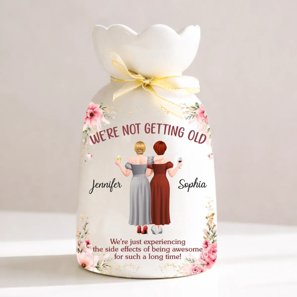 Custom Ribbon Tie Flower Vase - Personalized Best Friend Birthday Gifts For Women, Besties, Sisters, BFF - Besties Forever For Life