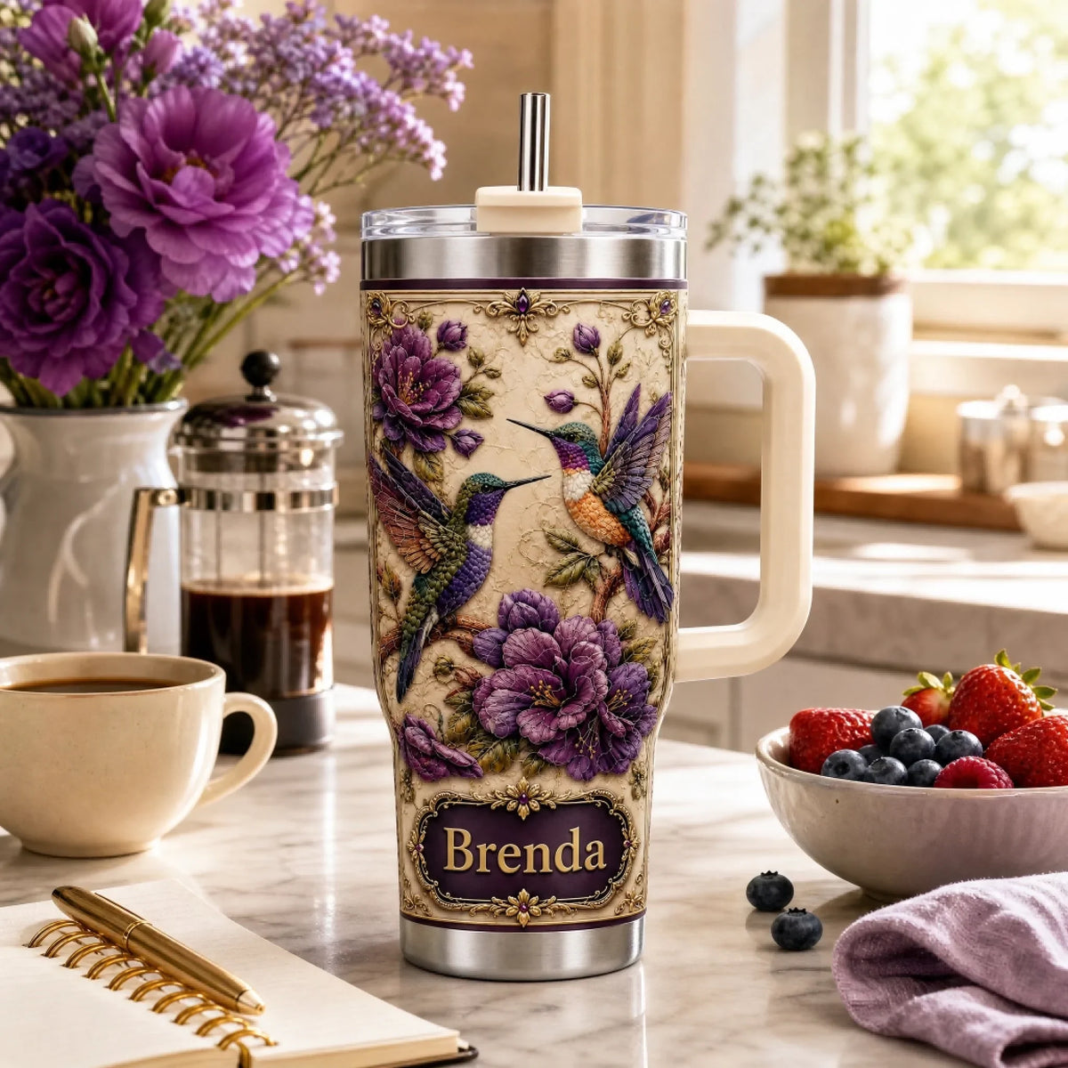 Custom Tumbler - Personalized Hummingbird Purple Peony Custom Name Insulated Tumbler with Gift Box - For Birthday & Women Gifts