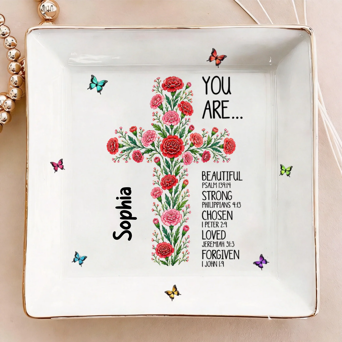 Birth Flower Cross You Are Bible Verse Affirmations - Personalized Jewelry Dish
