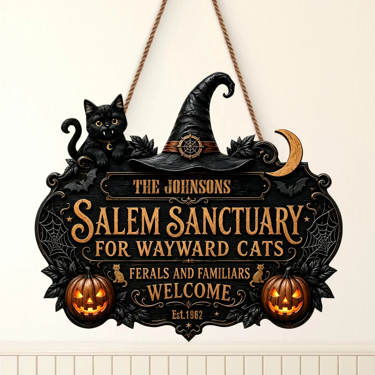 Custom Wood Sign - Personalized Halloween Gifts - Salem Sanctuary For Wayward Cats Ferals And Familiars Welcome