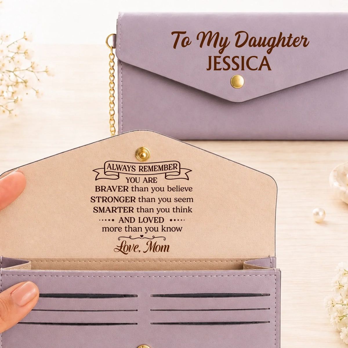 Custom Leather Envelope Wallet - Personalized Birthday Gifts For Daughter, Granddaughter - Loved More Than You Know