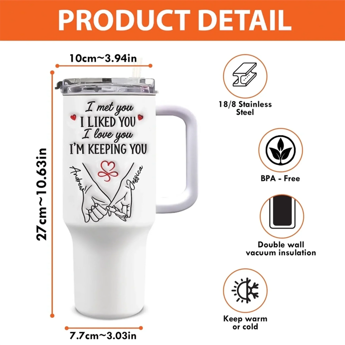 Custom 40 Oz Stainless Steel Tumbler With Handle - Personalized Anniversary Wedding Gifts For Husband And Wife, Him And Her - Keeping You For Life