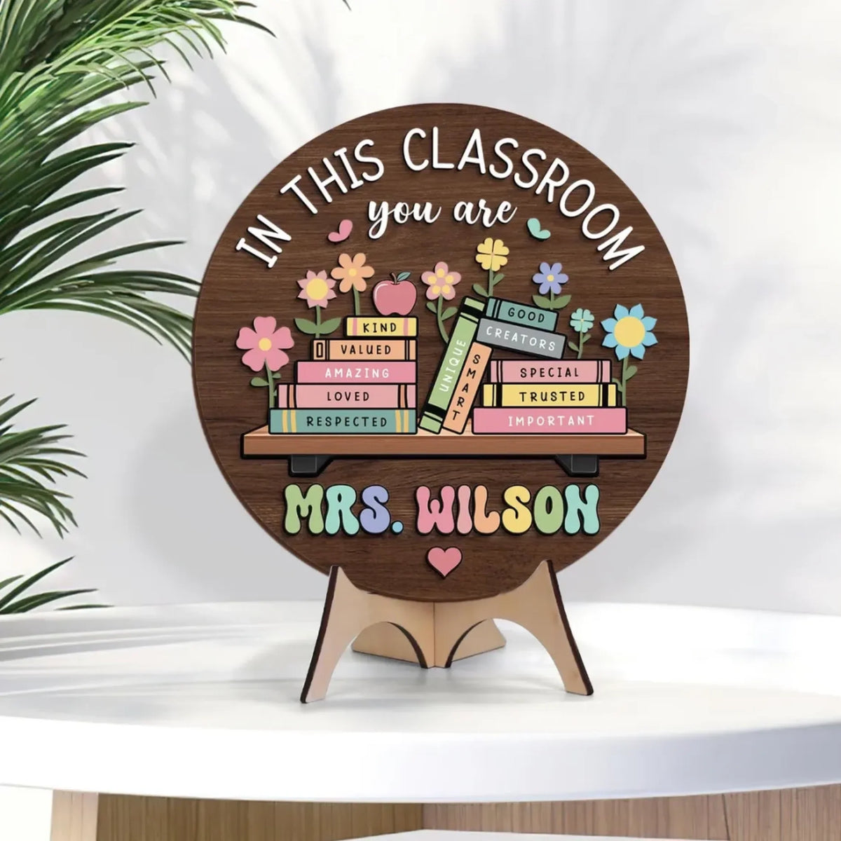 Custom Wooden Door Sign - Personalized In This Classroom You Are Kind Loved Teacher Name Round Wood Door Hanger - For Teacher Appreciation Gifts