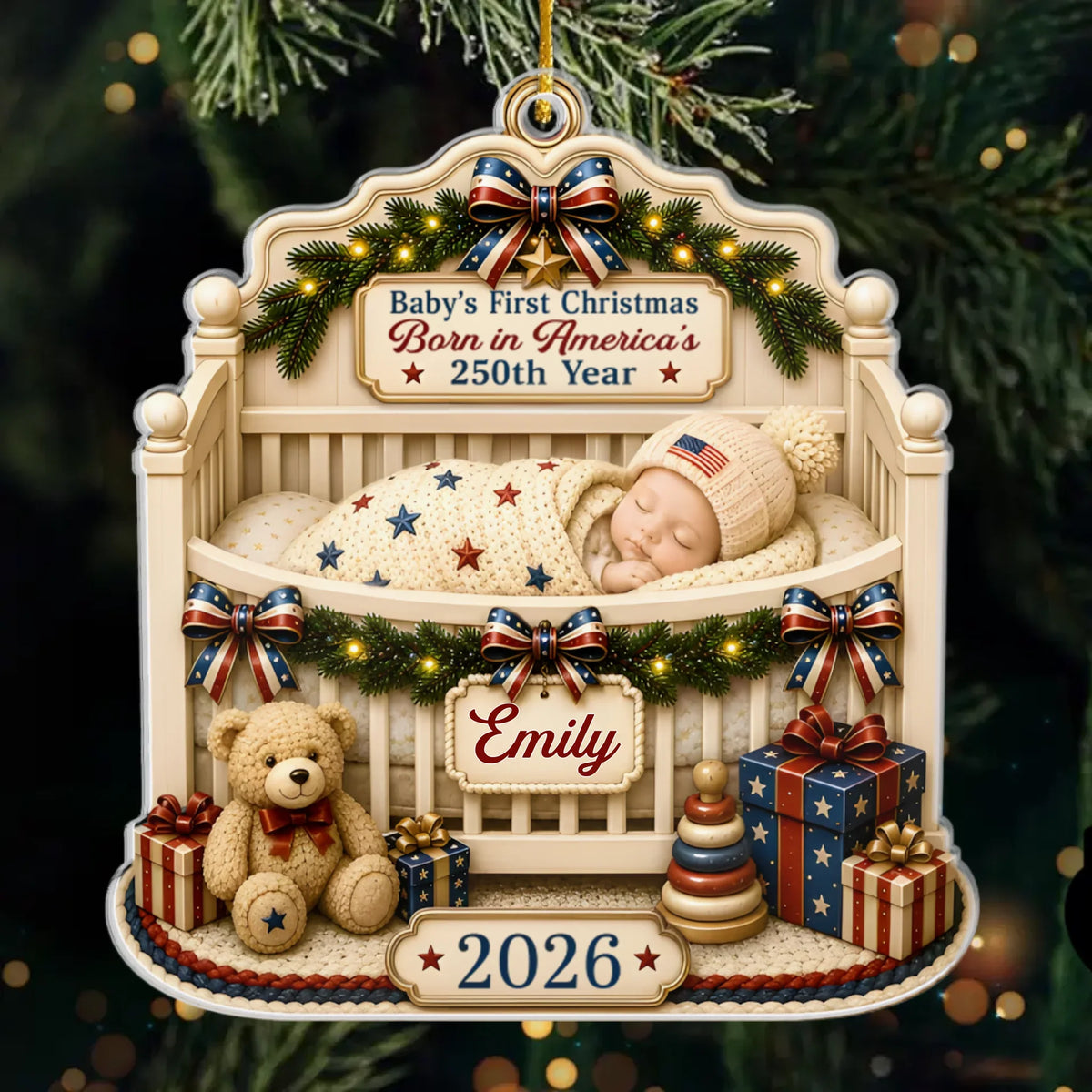 Custom First Christmas Acrylic Ornament - Personalized America 250th Anniversary Christmas Gifts For New Moms, New Dads, New Parents - Wrapped In Love And Freedom
