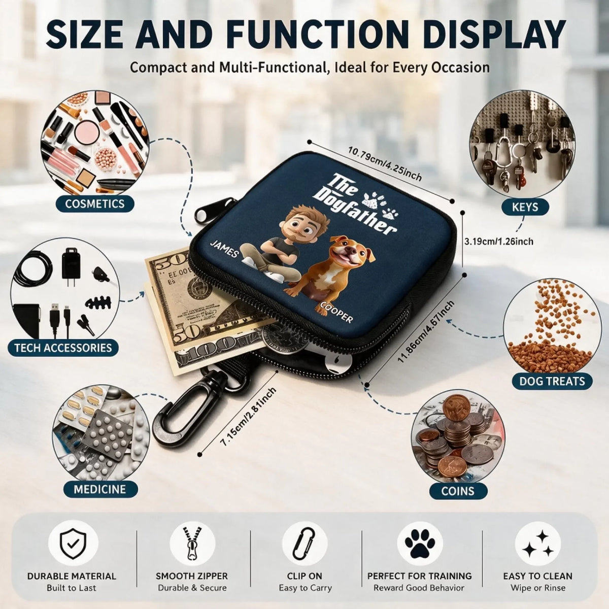 Custom Portable Dog Treat Pouch - Personalized The Dogfather Custom Owner Dog Name Breed Treat Bag - For Dog Dad & Pet Lover Gifts