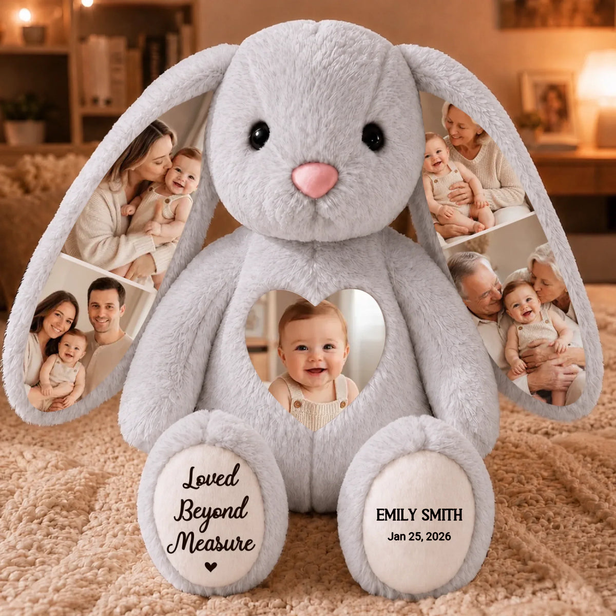Custom Photo Heart Bunny Plush - Personalized Baby Shower, Gender Reveal Gifts For New Moms, New Dads, New Parents - Our Little Miracle