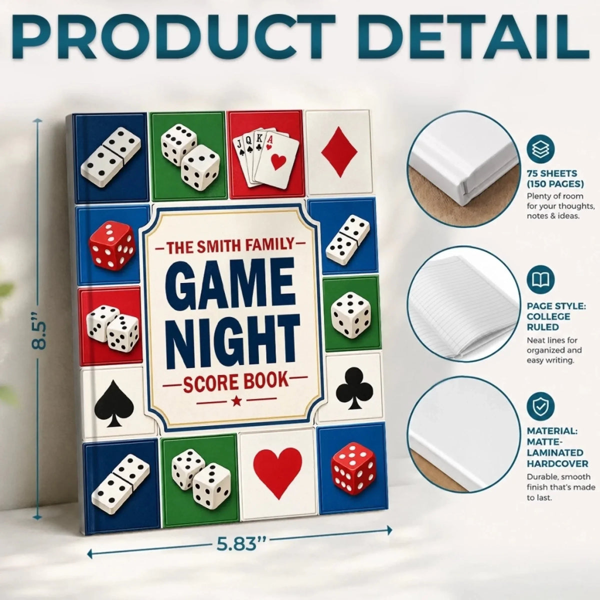 Custom Game Night Hardcover Journal - Personalized Birthday Gifts For Mom, Dad, Brother, Sister - Card And Dice Score Tracker