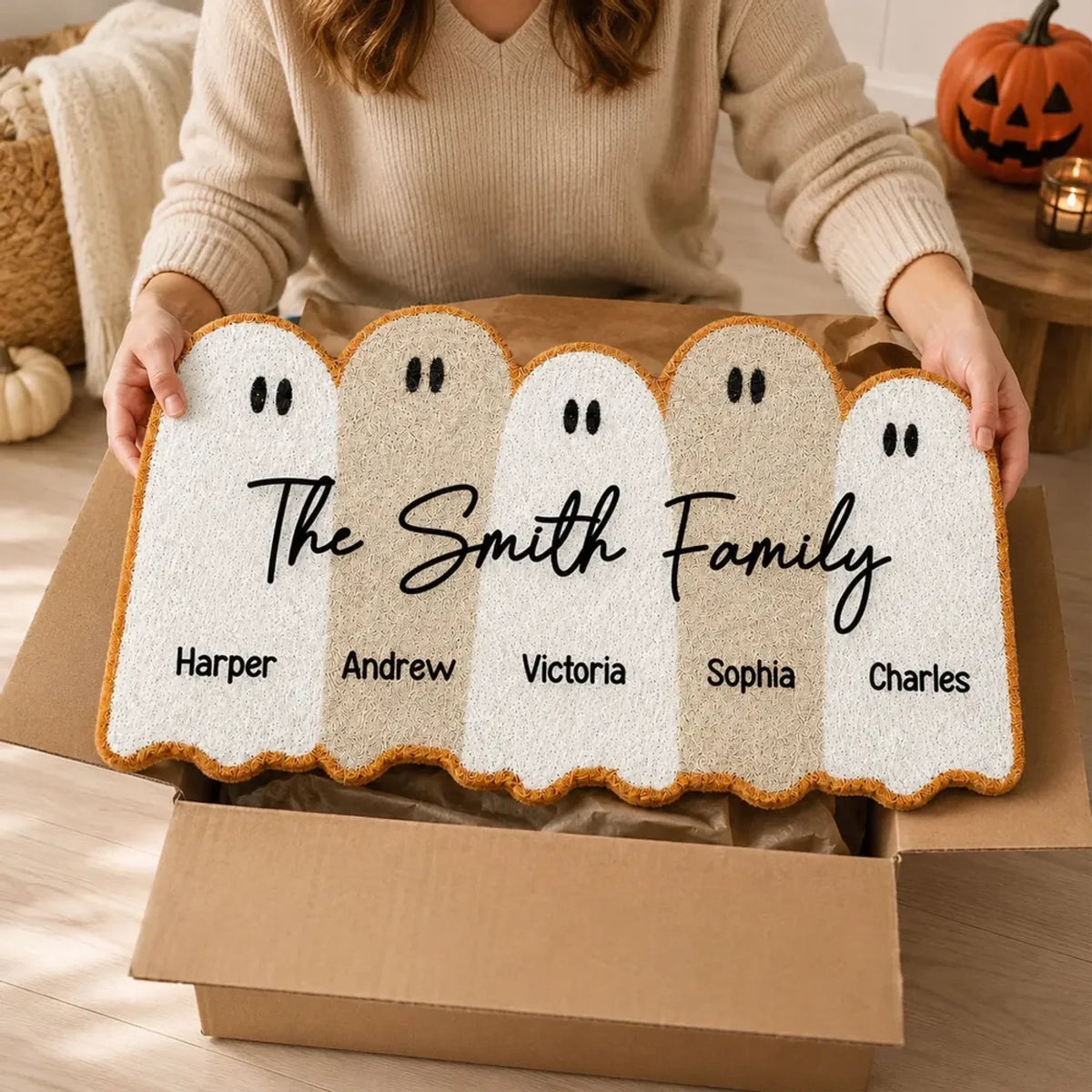 Custom Shaped Doormat - Personalized Halloween Decor Birthday Gifts For Mom, Dad, Brother, Sister, Kids - Ghost Family With Names