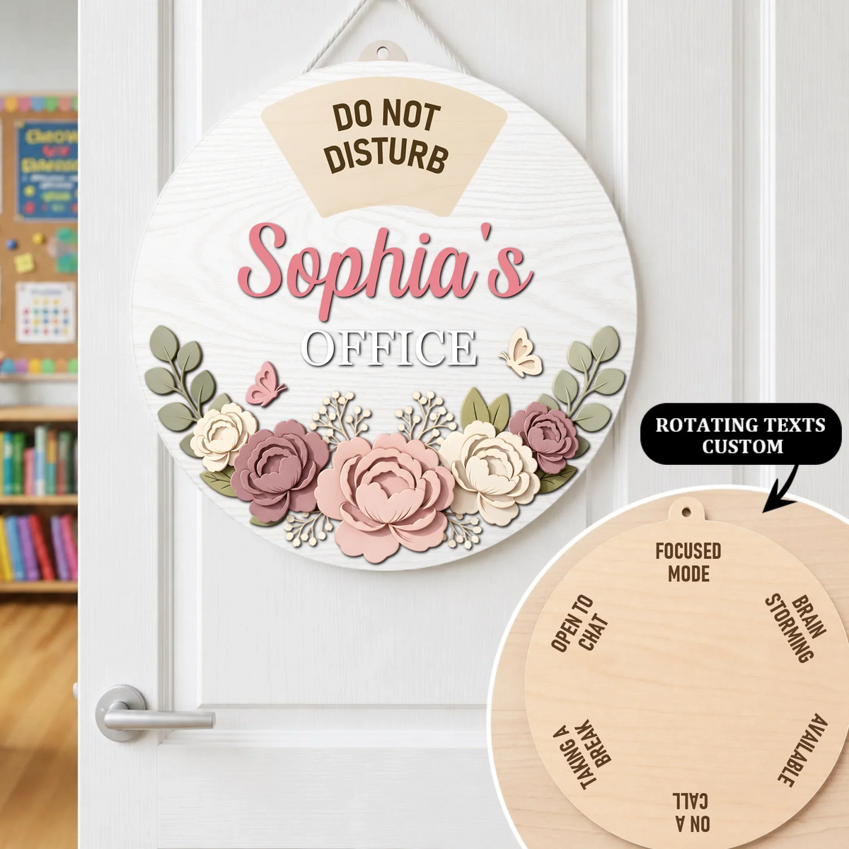 Custom Rotating Wooden Door Sign - Personalized Office Status Spinner,6 Rotating Text, Work In Progress Sign for Boss Desk Door Decor