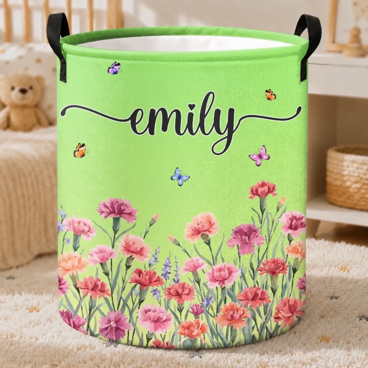 Custom Birth Month Flower Laundry Basket - Personalized Birthday Gifts For Mom, Dad, Brother, Sister, Kids - Blooming With Happiness