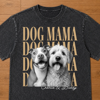 Custom Photo Washed Cotton T-shirt - Personalized Birthday Gifts For Dog Cat Lovers, Dog Dad And Mom, Cat Owners - Proud Dog Mama