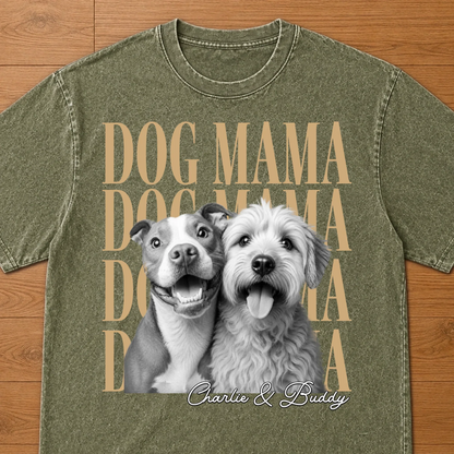 Custom Photo Washed Cotton T-shirt - Personalized Birthday Gifts For Dog Cat Lovers, Dog Dad And Mom, Cat Owners - Proud Dog Mama