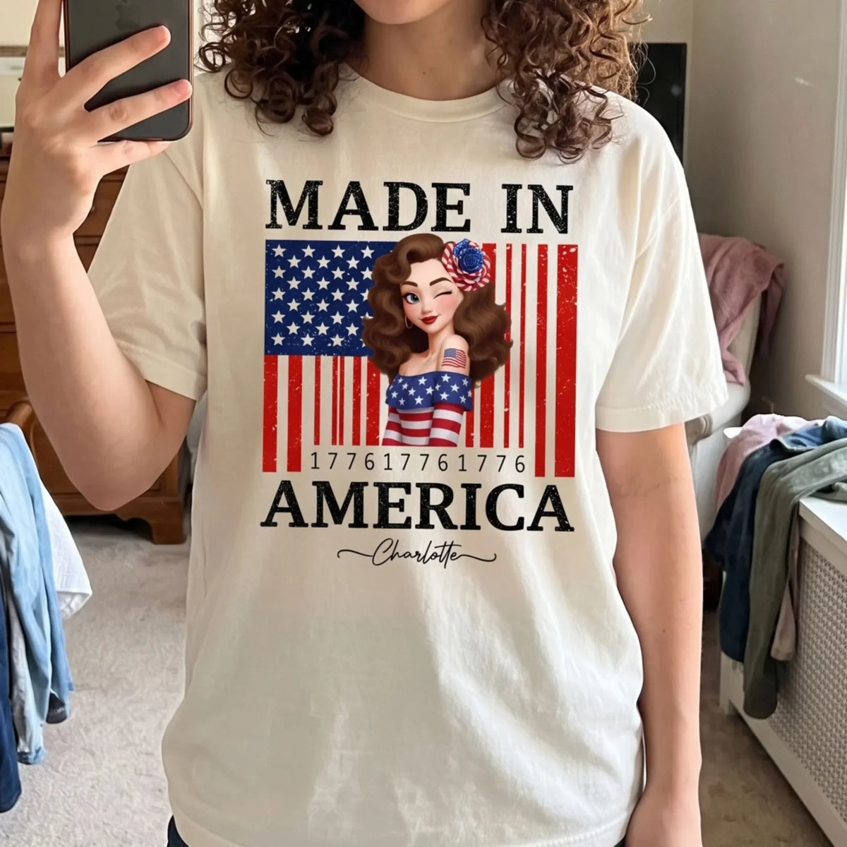 Custom Unisex T-Shirt - Personalized 1776 USA Flag Patriotic Girl Shirt with Name - 4th of July Gift for Her