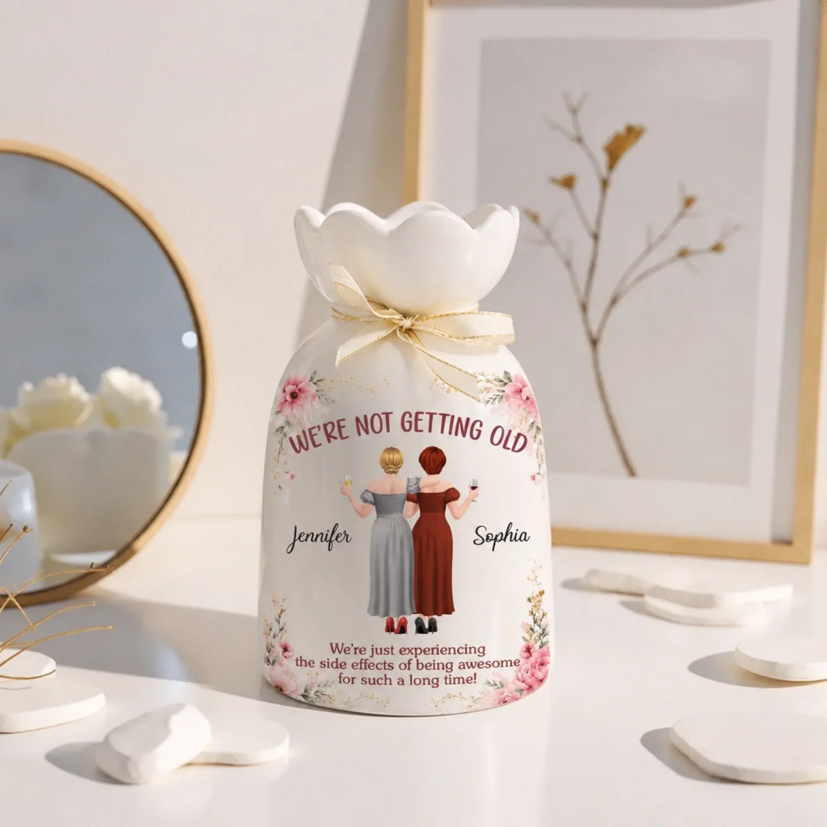 Custom Ribbon Tie Flower Vase -  Personalized Best Friend Birthday Gifts For Women, Besties, Sisters, BFF - Besties Forever For Life