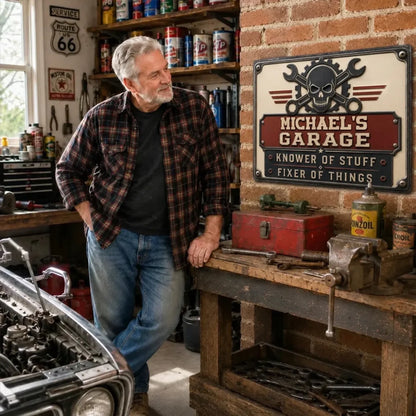 Custom Metal Sign - Personalized Garage Name Sign with Skull & Wrench - Gift for Mechanics,Dad,Husband