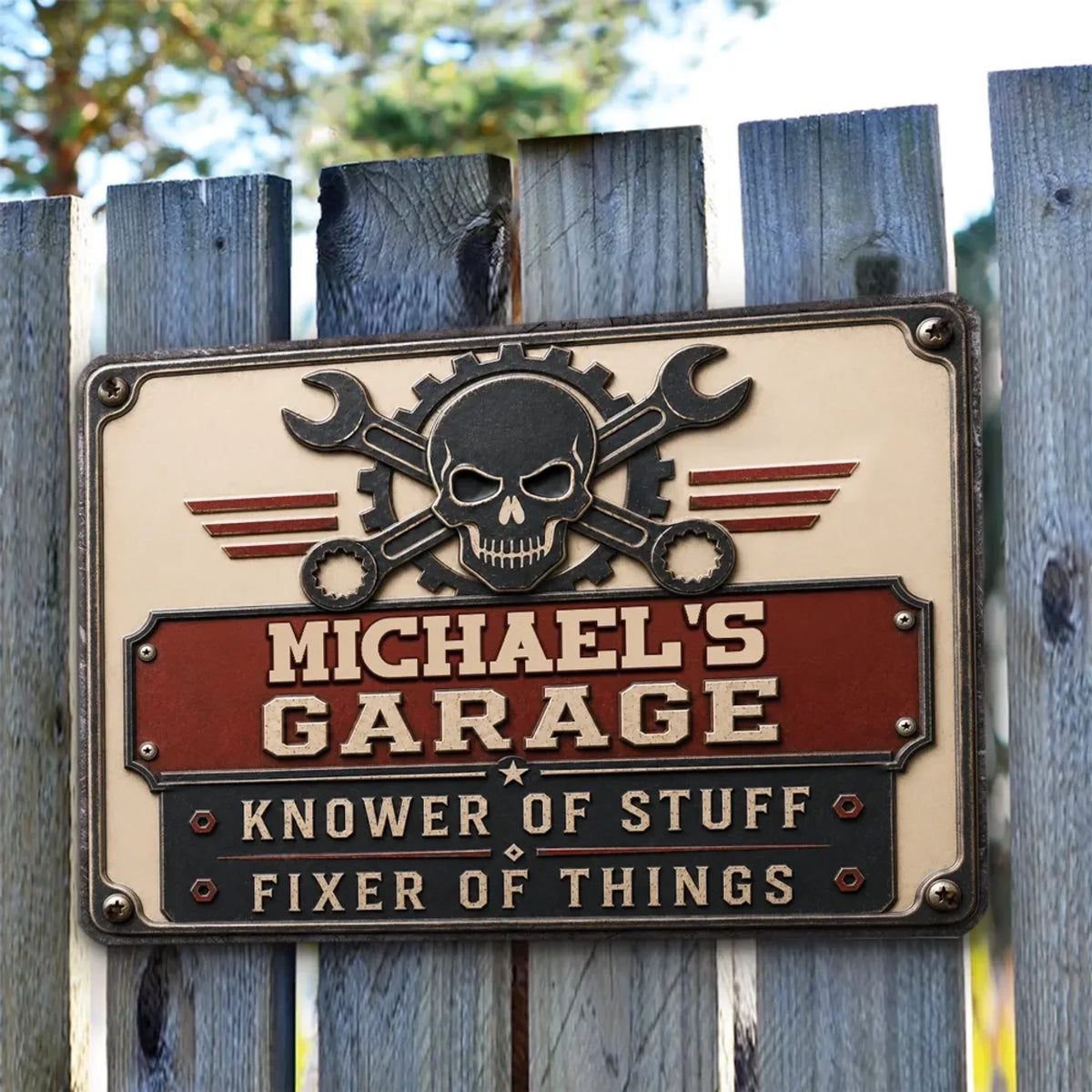 Custom Metal Sign - Personalized Garage Name Sign with Skull & Wrench - Gift for Mechanics,Dad,Husband