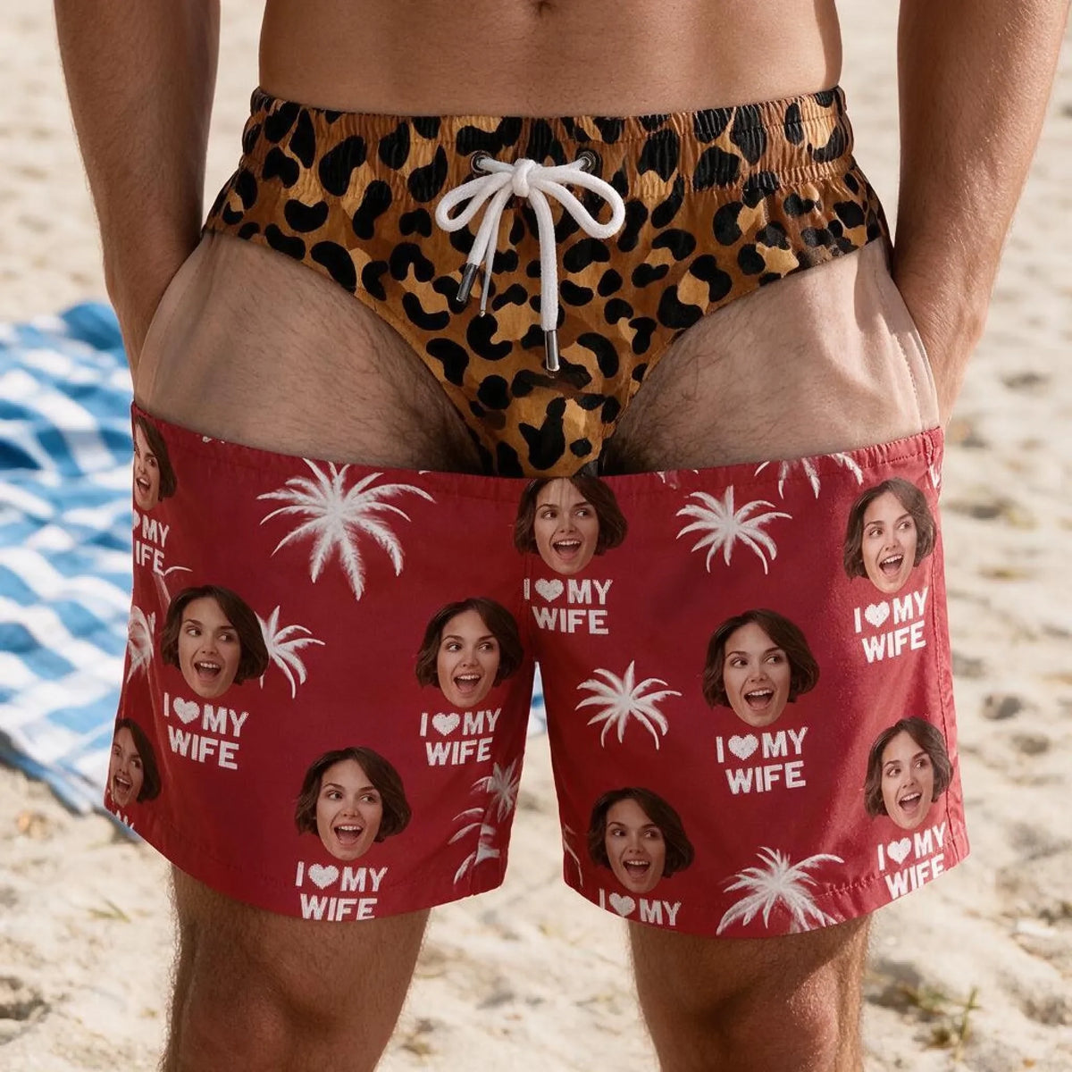 Custom Photo Funny Men Swim Trunks -Personalized Tropical Hawaiian Aloha Men Beach Shorts - Summer Vacation Gift, Birthday Party Gift For Husband