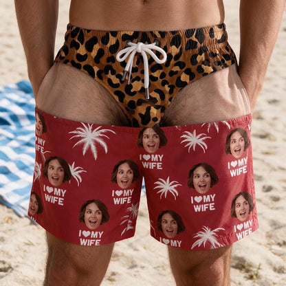 Custom Photo Funny Men Swim Trunks -Personalized Tropical Hawaiian Aloha Men Beach Shorts - Summer Vacation Gift, Birthday Party Gift For Husband