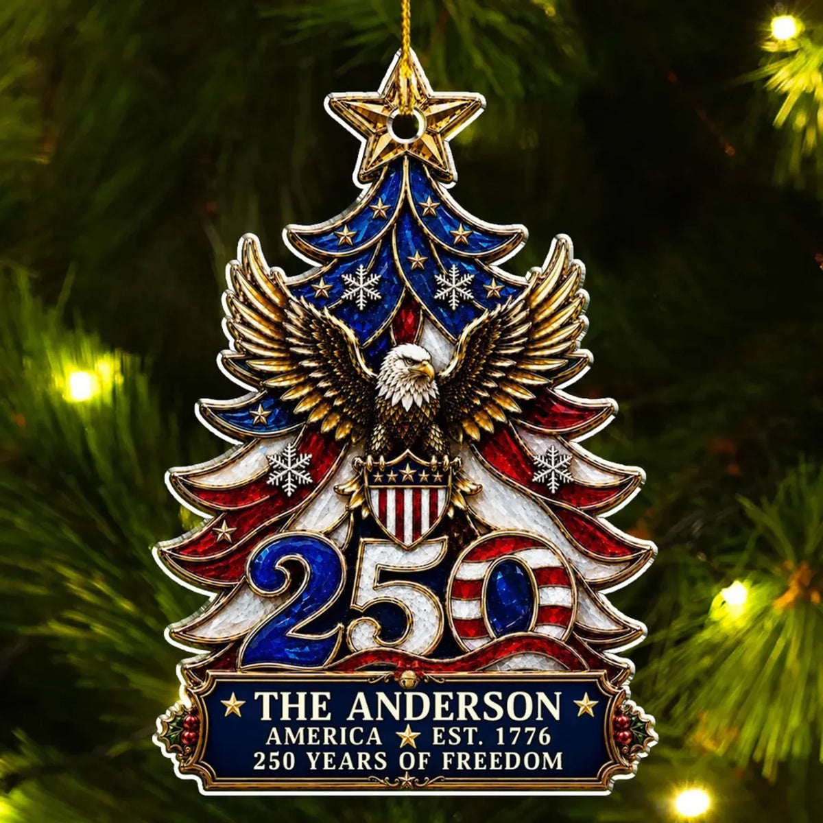 Custom Acrylic Ornament - Personalized America 250th Anniversary Family Name Christmas Tree Ornament for Patriotic Families