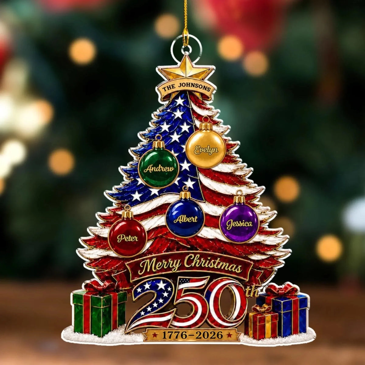 Custom Acrylic Ornament - Personalized Merry Christmas America 250th Family Name & Members Ornament for Patriotic Families