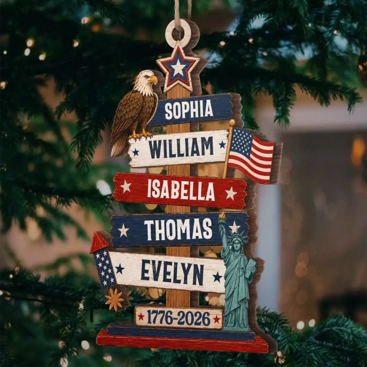 Custom Wooden Ornament - Personalized America 250th Anniversary Christmas Gifts For Mom, Dad, Brother, Sister - Standing Tall In Freedom And Love
