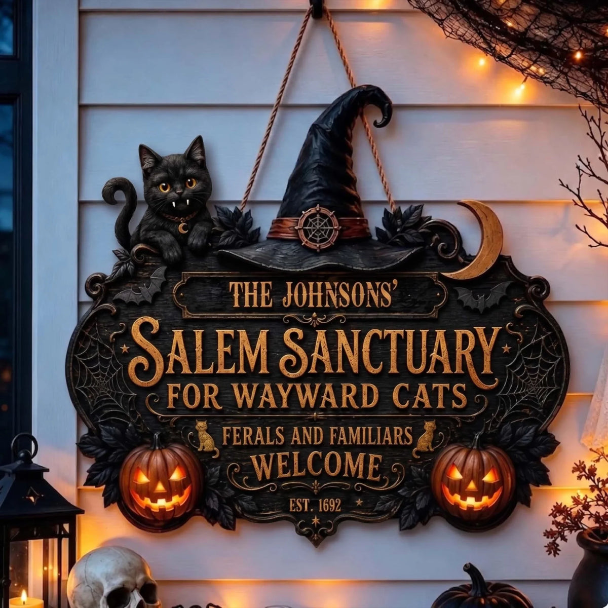 Custom Wood Sign - Personalized Halloween Gifts - Salem Sanctuary For Wayward Cats Ferals And Familiars Welcome