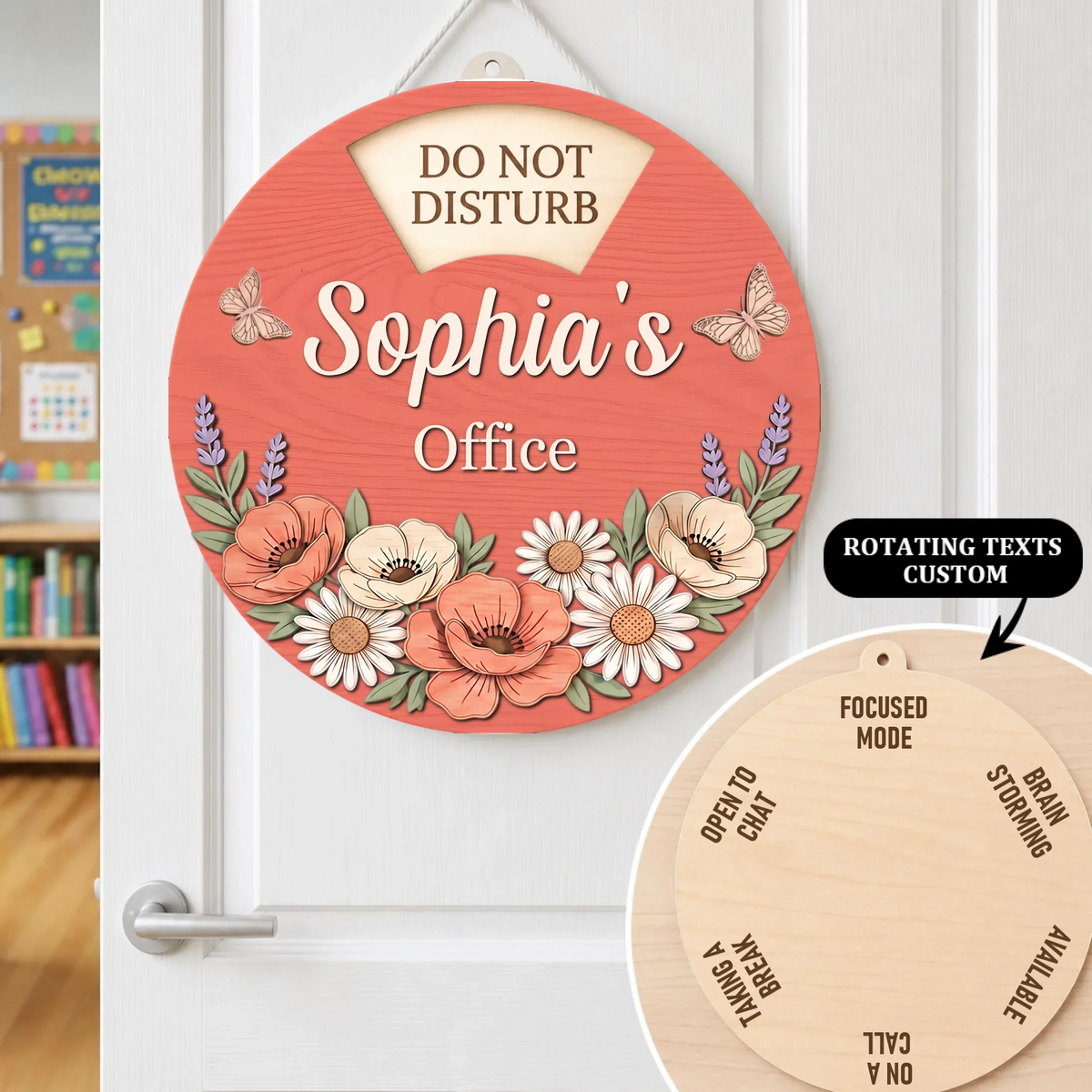Custom Rotating Wooden Door Sign - Personalized 6 Rotating Text Office Round Floral Wood Door Sign - For Home Office & Desk Decor Gifts