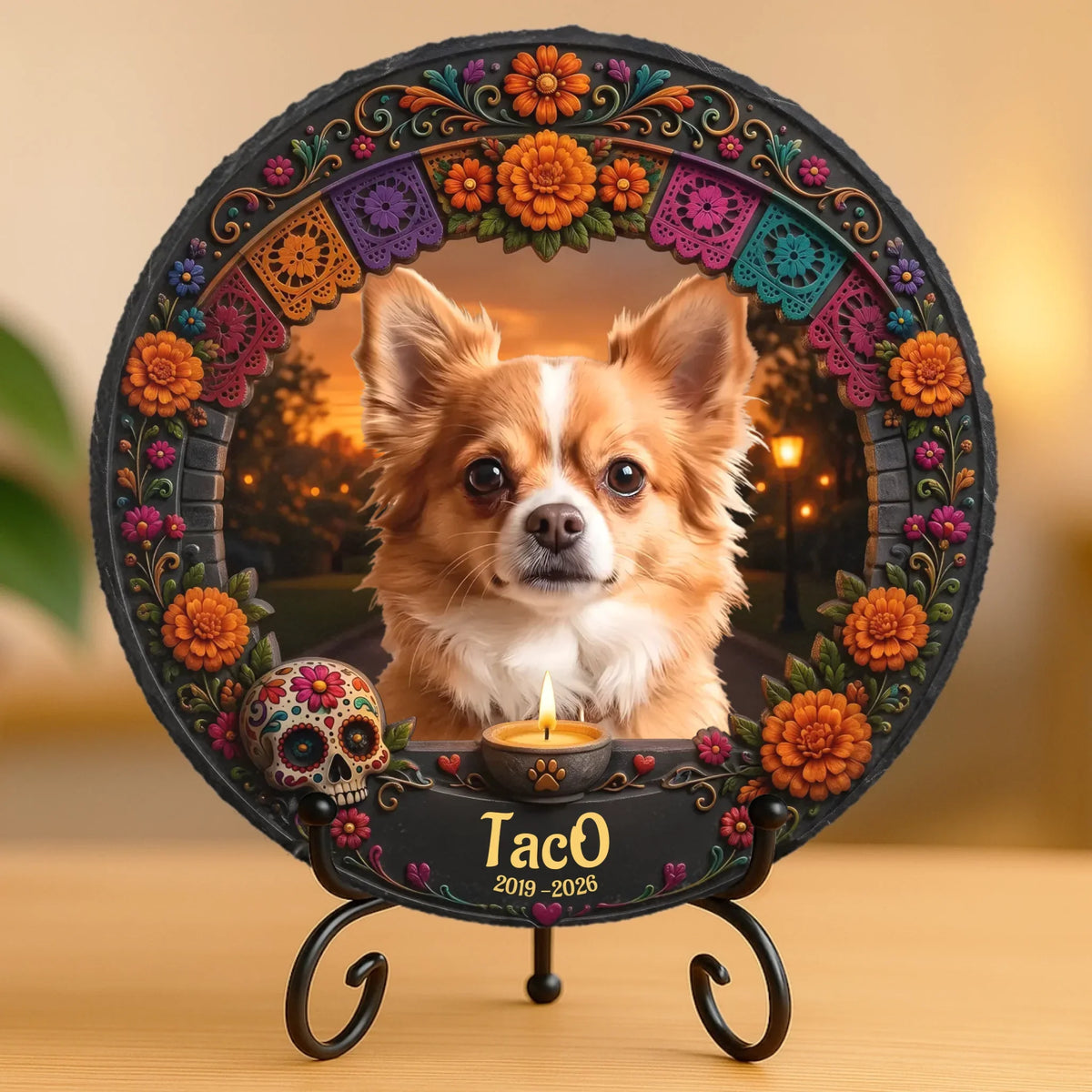 Custom Photo Day Of The Dead Round Shaped Stone With Stand - Personalized Pet Memorial Sympathy Gifts For Dogs, Cats - Your Memory Stays Close