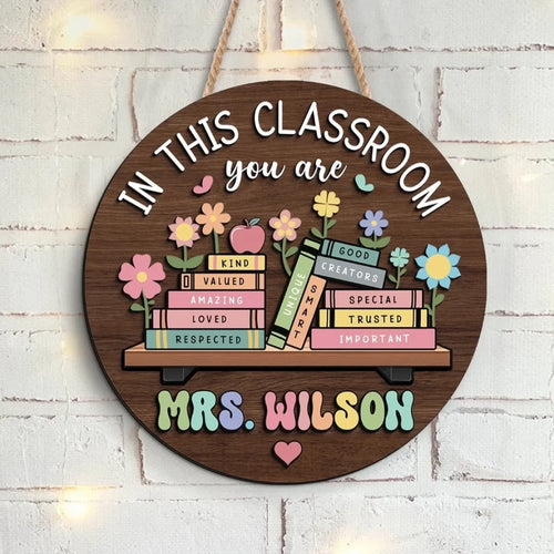Custom Wooden Door Sign - Personalized In This Classroom You Are Kind Loved Teacher Name Round Wood Door Hanger - For Teacher Appreciation Gifts