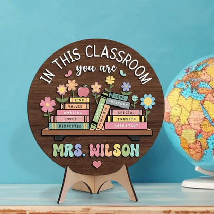 Custom Wooden Door Sign - Personalized In This Classroom You Are Kind Loved Teacher Name Round Wood Door Hanger - For Teacher Appreciation Gifts