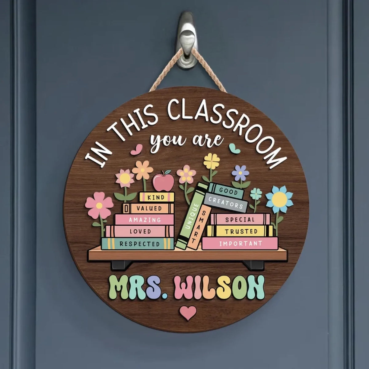 Custom Wooden Door Sign - Personalized In This Classroom You Are Kind Loved Teacher Name Round Wood Door Hanger - For Teacher Appreciation Gifts
