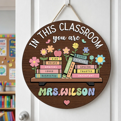 Custom Wooden Door Sign - Personalized In This Classroom You Are Kind Loved Teacher Name Round Wood Door Hanger - For Teacher Appreciation Gifts