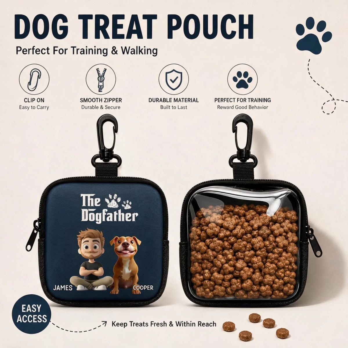 Custom Portable Dog Treat Pouch - Personalized The Dogfather Custom Owner Dog Name Breed Treat Bag - For Dog Dad & Pet Lover Gifts