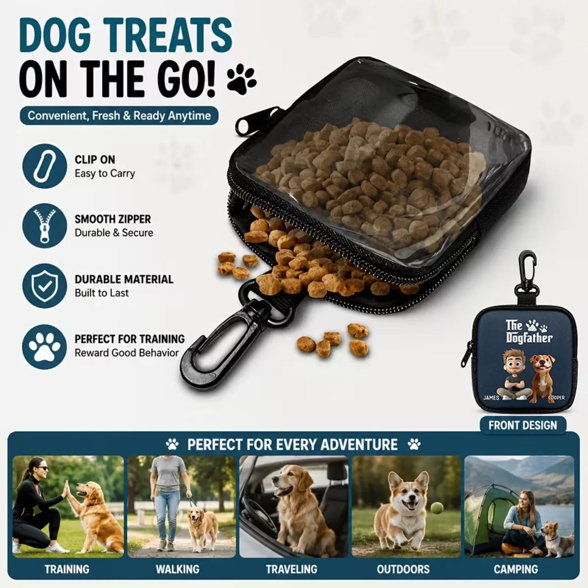 Custom Portable Dog Treat Pouch - Personalized The Dogfather Custom Owner Dog Name Breed Treat Bag - For Dog Dad & Pet Lover Gifts
