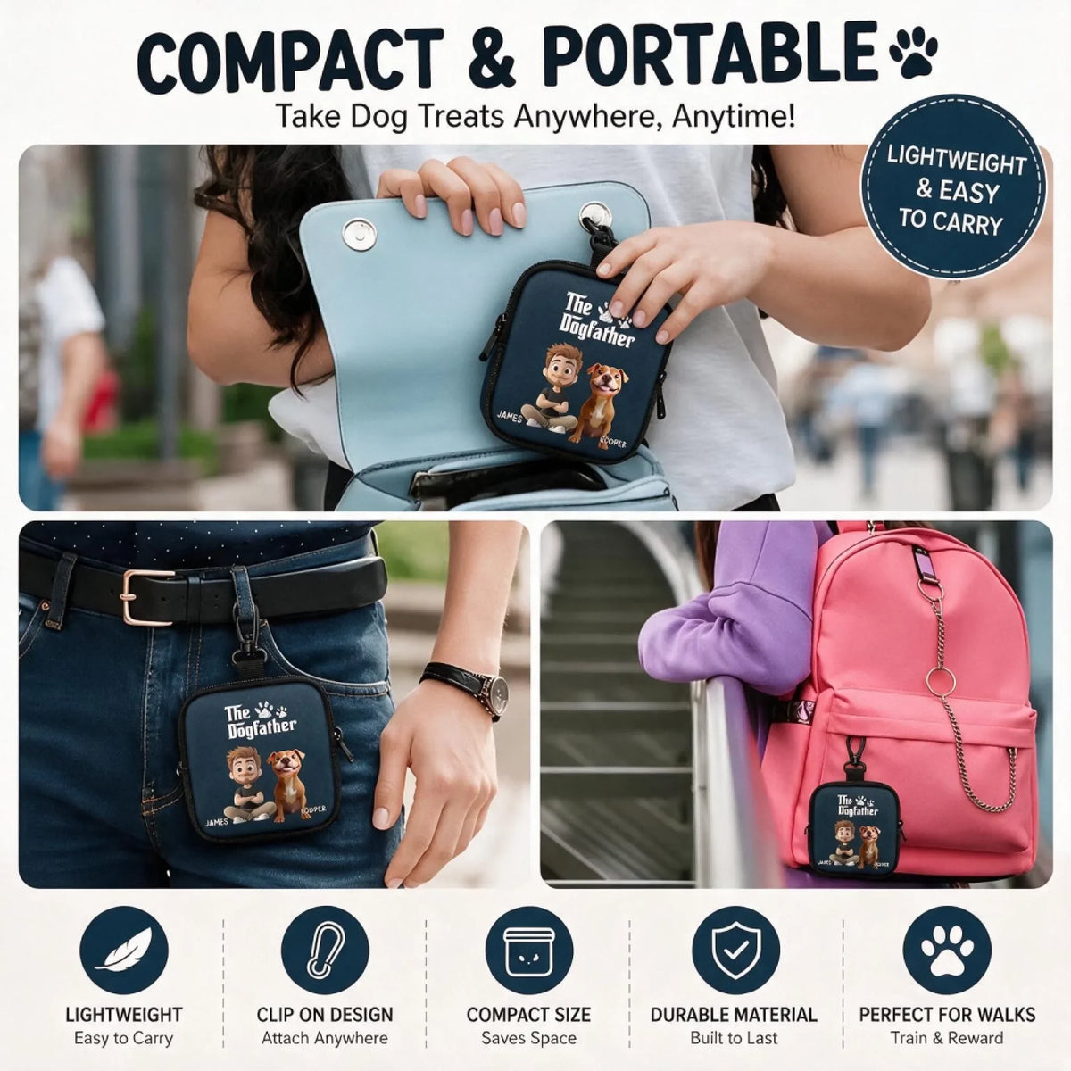 Custom Portable Dog Treat Pouch - Personalized The Dogfather Custom Owner Dog Name Breed Treat Bag - For Dog Dad & Pet Lover Gifts