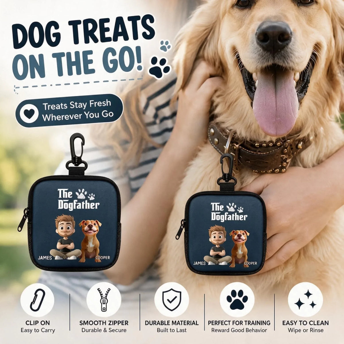 Custom Portable Dog Treat Pouch - Personalized The Dogfather Custom Owner Dog Name Breed Treat Bag - For Dog Dad & Pet Lover Gifts