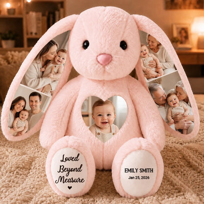 Custom Photo Heart Bunny Plush - Personalized Baby Shower, Gender Reveal Gifts For New Moms, New Dads, New Parents - Our Little Miracle