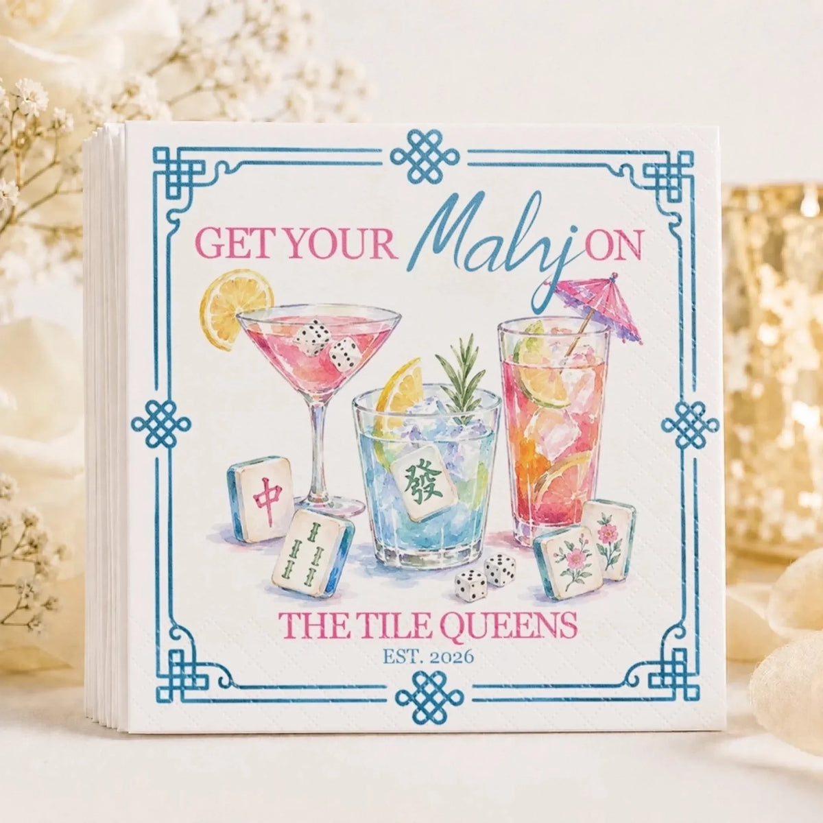 Custom Mahjong Cocktail Napkins - Personalized Birthday Gifts For Mahjong Players, Mom, Dad, Brother, Sister - Good Drinks And Lucky Tiles