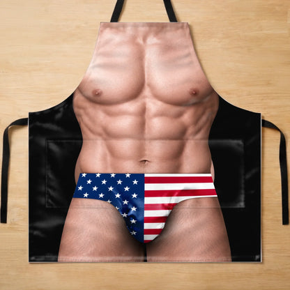 Custom Funny Patriotic Apron With Pocket - Personalized Birthday Gifts For Husband, Son, Grandson, Brother, Grandpa, Dad, Yourself - Kiss The Cook