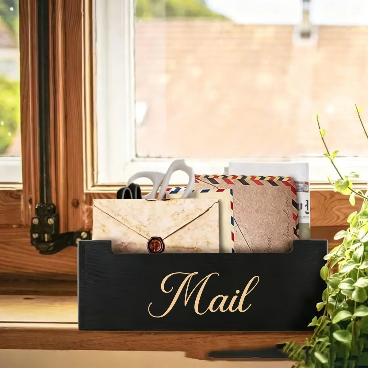 Wooden Mail Holder Storage Organizer Box Rustic Brown Wood with MAIL Script Design, Desktop Letters, Bills, Notes And Postcard Bin for Home Office Dorm Room