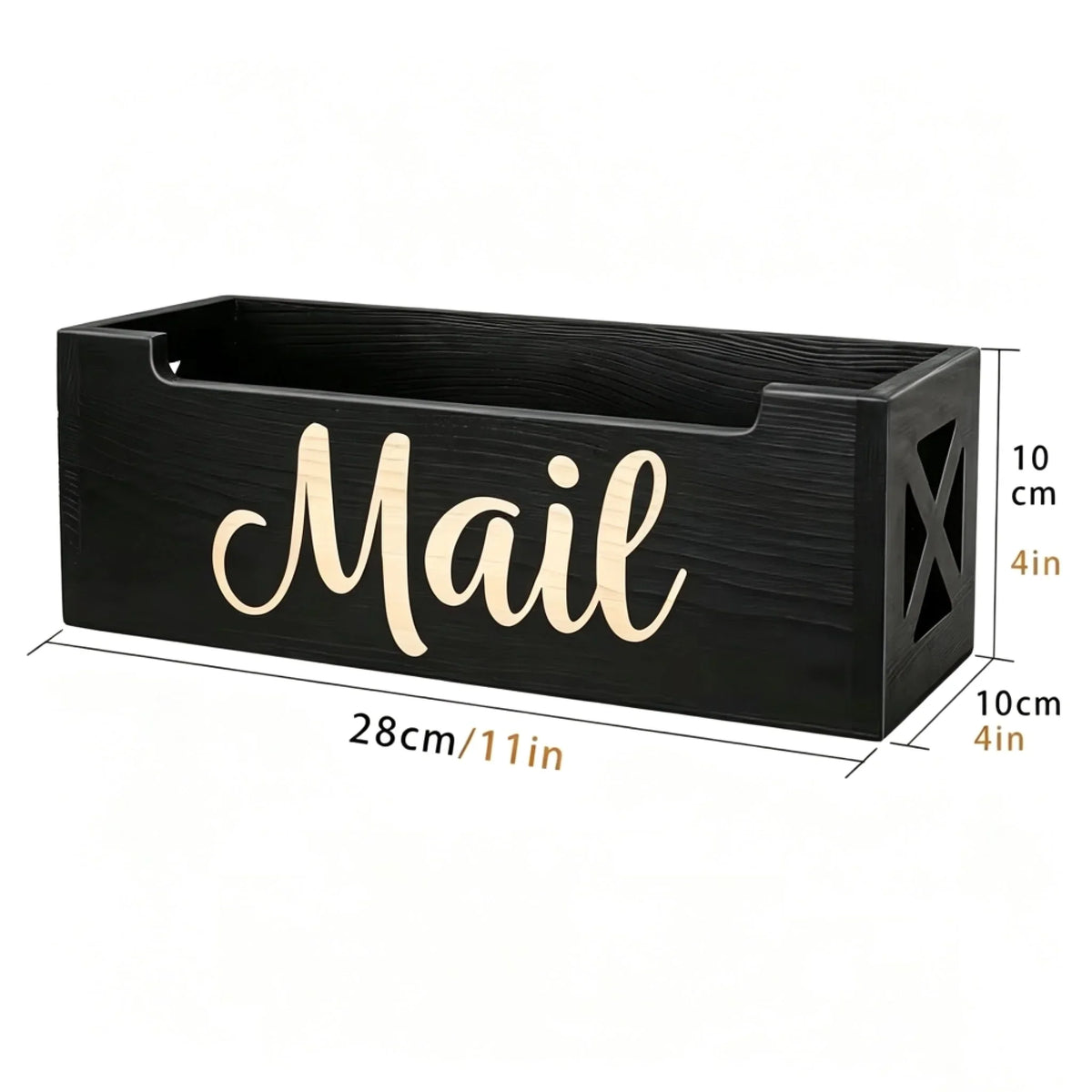 Wooden Mail Holder Storage Organizer Box Rustic Brown Wood with MAIL Script Design, Desktop Letters, Bills, Notes And Postcard Bin for Home Office Dorm Room