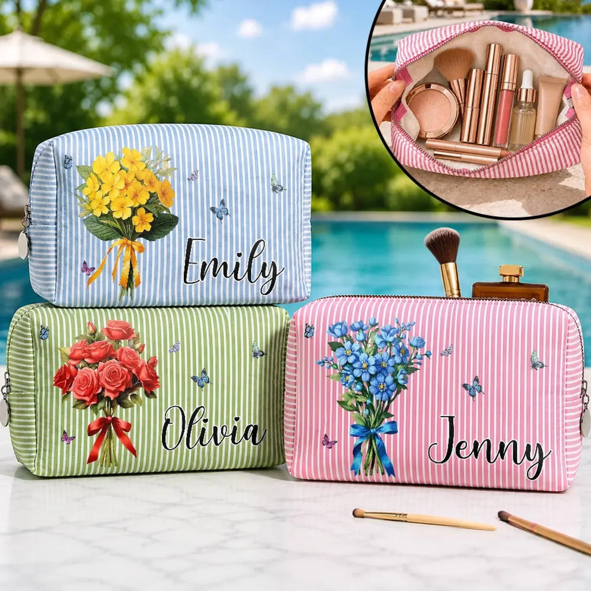 Custom Striped Cosmetic Bag - Personalized Birthday Gifts For Women, Girls, Best Friends - Birth Flower Bouquet