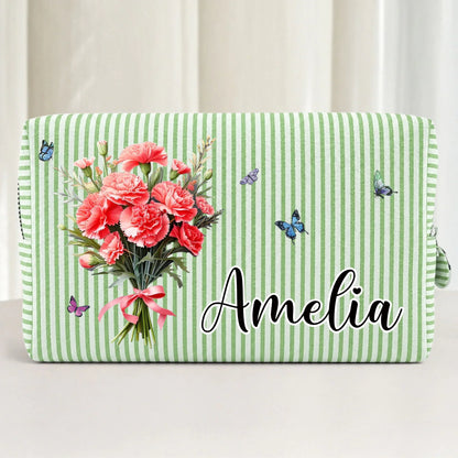 Custom Striped Cosmetic Bag - Personalized Birthday Gifts For Women, Girls, Best Friends - Birth Flower Bouquet