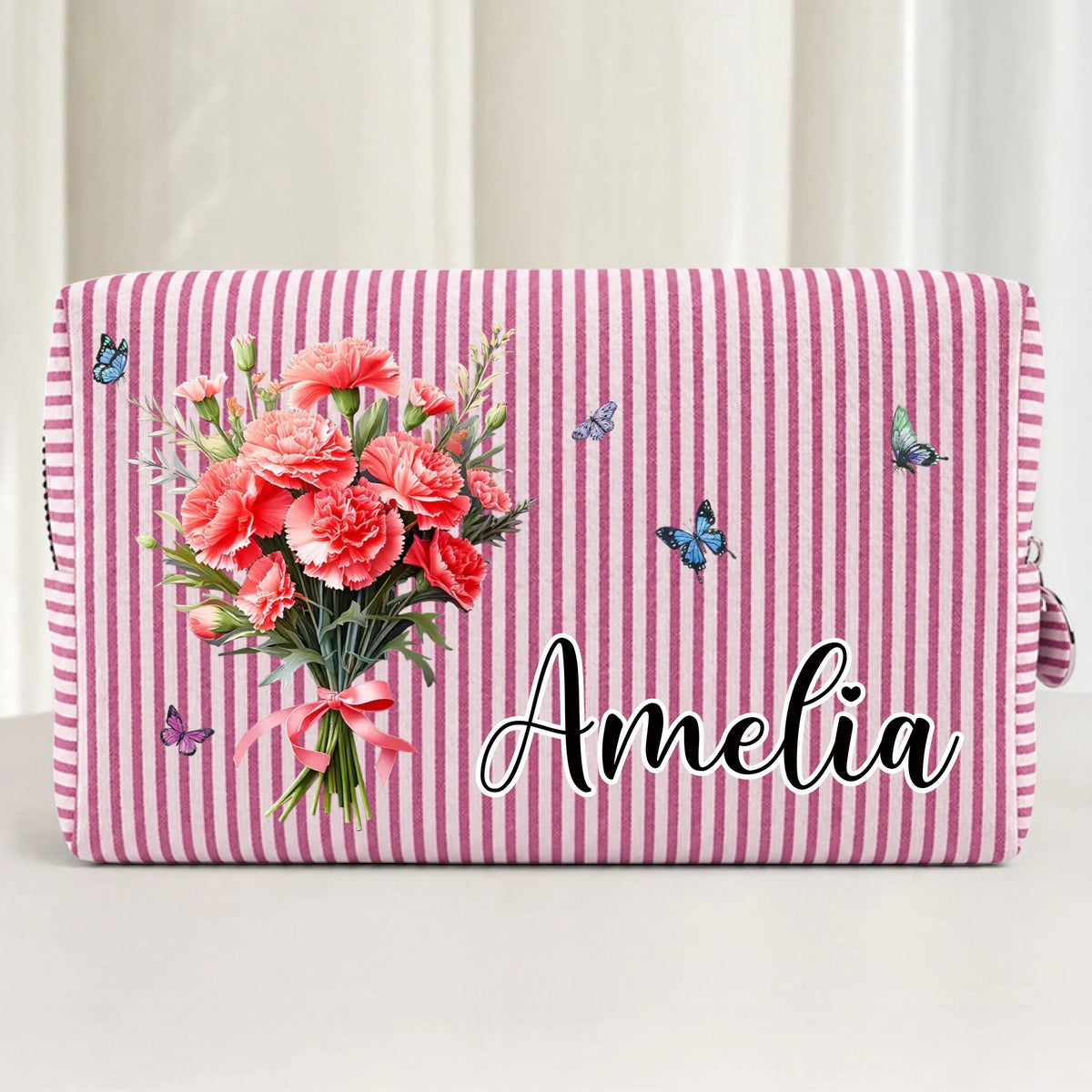 Custom Striped Cosmetic Bag - Personalized Birthday Gifts For Women, Girls, Best Friends - Birth Flower Bouquet