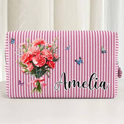 Custom Striped Cosmetic Bag - Personalized Birthday Gifts For Women, Girls, Best Friends - Birth Flower Bouquet