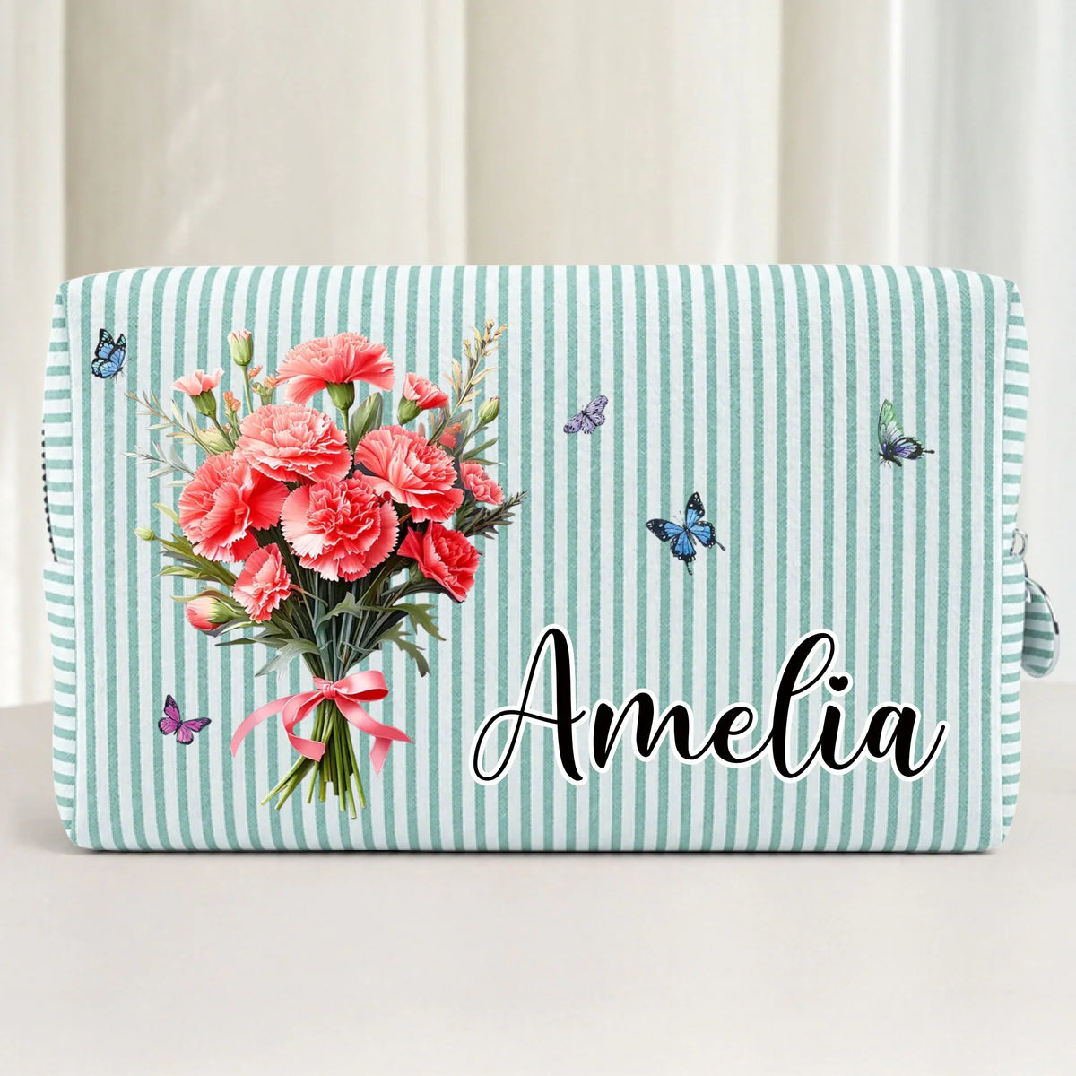 Custom Striped Cosmetic Bag - Personalized Birthday Gifts For Women, Girls, Best Friends - Birth Flower Bouquet